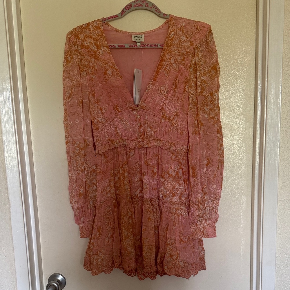 HEMANT & NANDITA Pink and Gold Paisley Mini Dress
